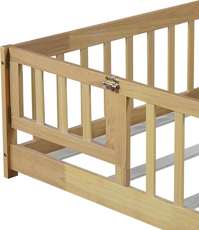 Twin Floor Bed Frame with Slats and Safety Guardrail, Wood Twin Size Montessori - Image 8