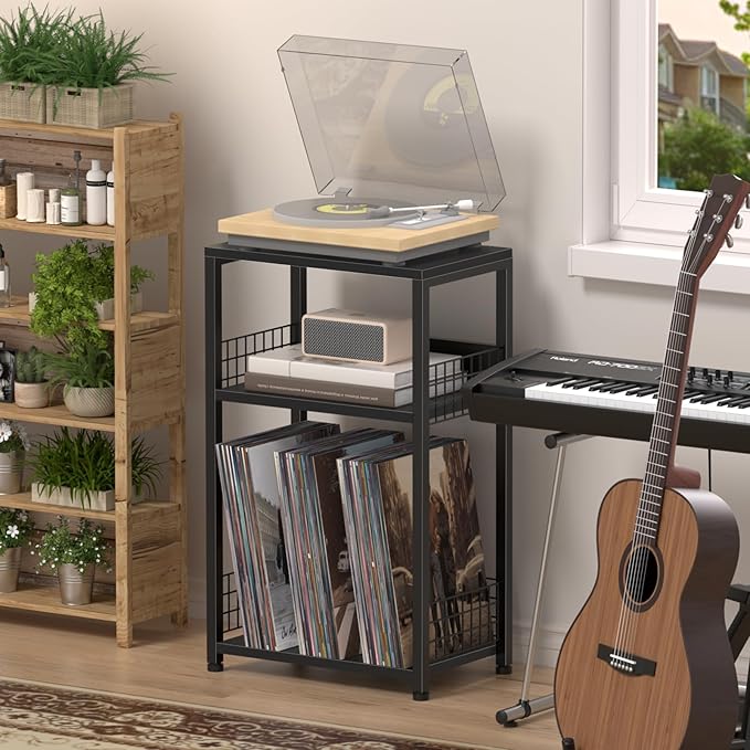 LELELINKY Side Table with Storage, 3 Tier Industrial Wooden Record Player - Image 4