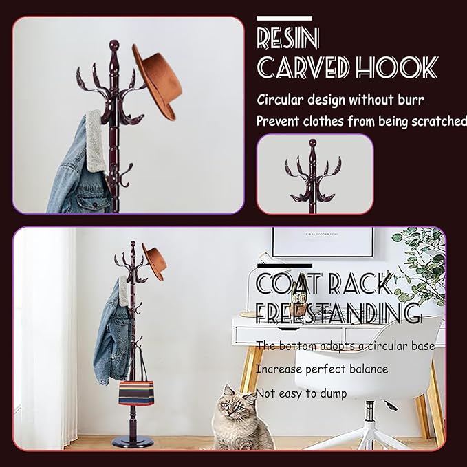 72 in Wood Coat Rack, Coat Rack Freestanding - Image 3