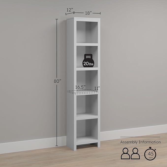 Prepac Moda 80" Tall 5-Tier Narrow Bookcase in White, Modern Storage Accent - Image 3