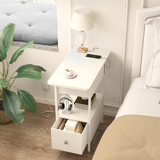 SOOWERY End Table with Charging Station, Narrow Side Table with Flip Top - Image 6