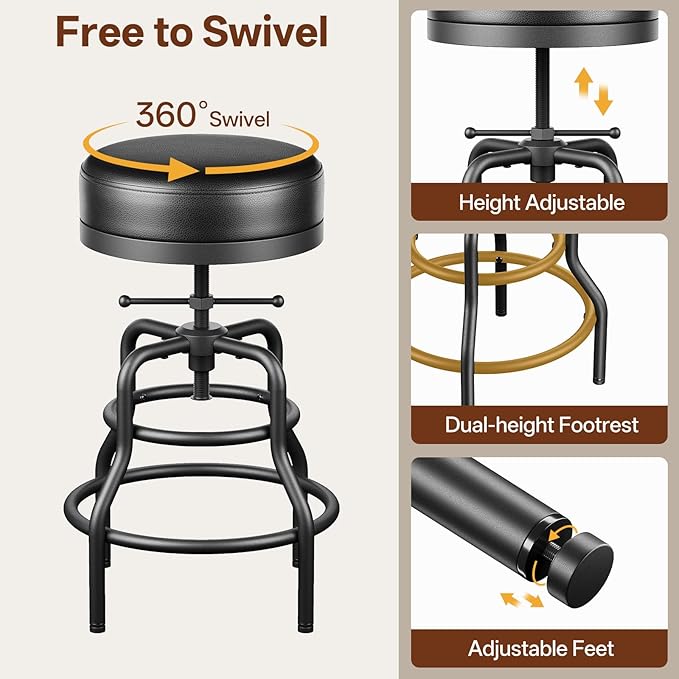 Adjustable Height Swivel Bar Stools Set of 2, 22-29 Inch Industrial Vintage Bar - Image 5