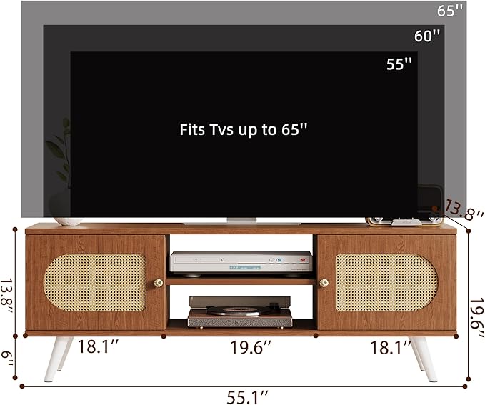 55" Rattan TV Stand for 65 Inch TV Solid Wood TV Console Entertainment Center - Image 2