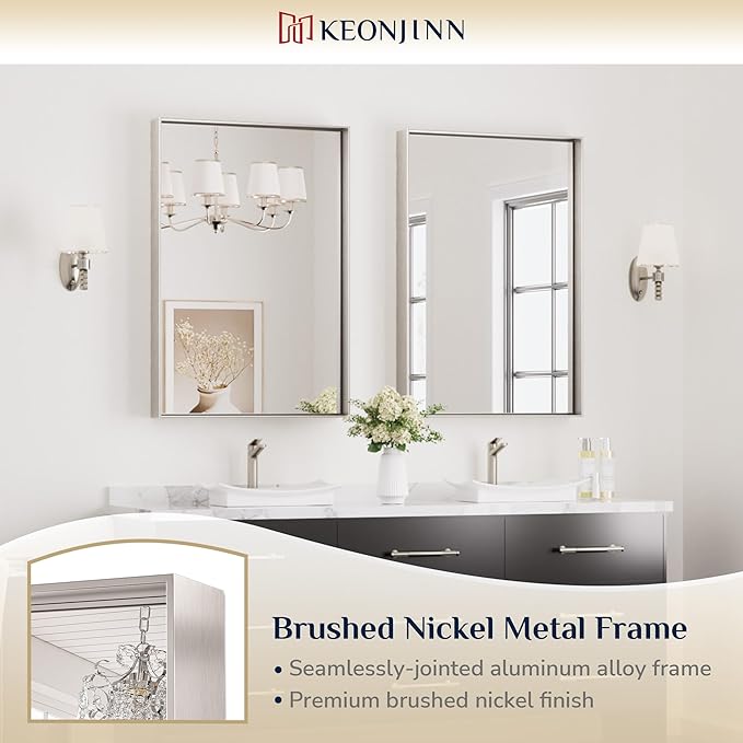Keonjinn 24 x 36 In Brushed Nickel Bathroom Mirror, Rectangular Metal Framed - Image 6