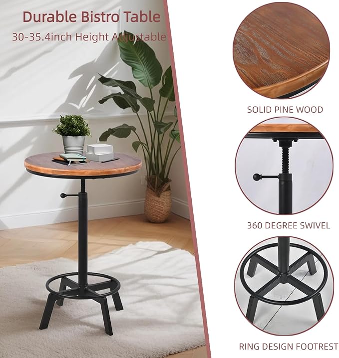 Vintage Bar Table 30-35.4inch Height Adjustable Industrial Bistro Table Retro - Image 5