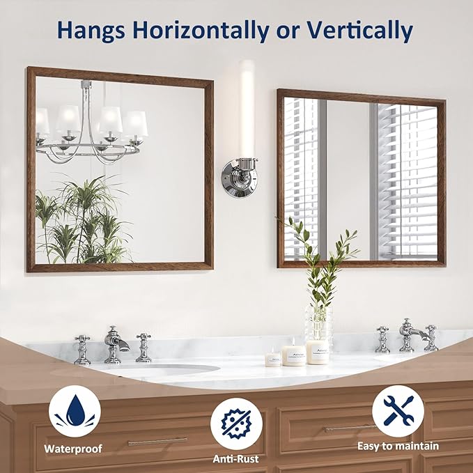 WEER Walnut Bathroom Mirror, Walnut Framed Mirror 36X36 Inch, Rectangle Wall - Image 4