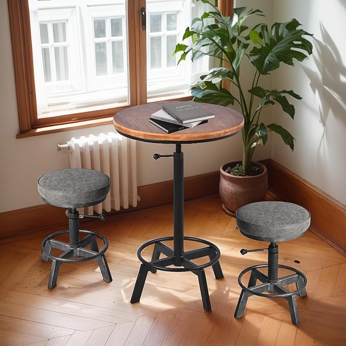 Vintage Short Bar Stools Swivel PU Seat 15-21inch Height Adjustable Extra Guest - Image 4