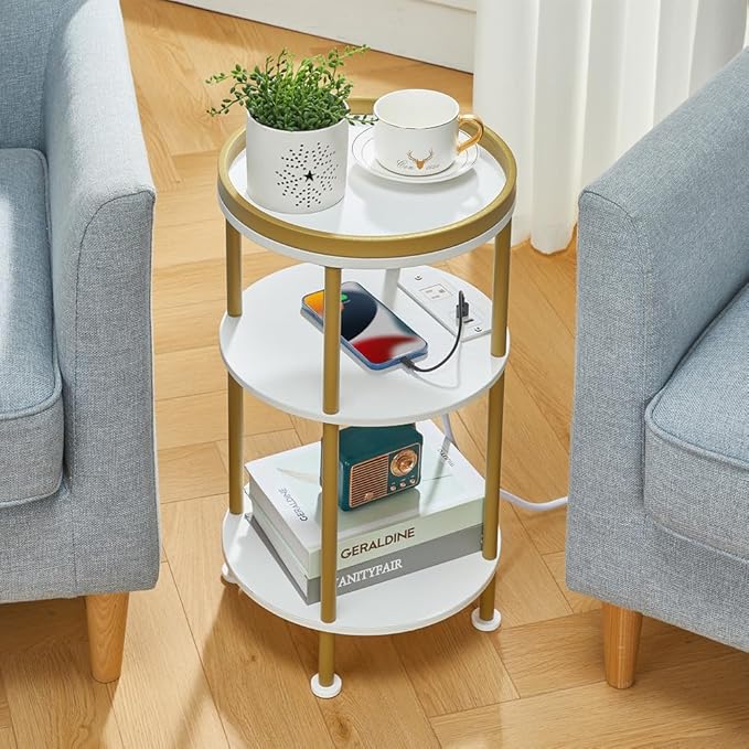 Small Round End Table with Charging Station, 3-Tier Accent Couch Beside Table - Image 5