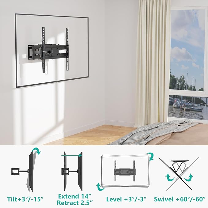 WALI Full Motion TV Wall Mount for Most 32-70 inch Flat Curved TVs, Swivel - Image 8
