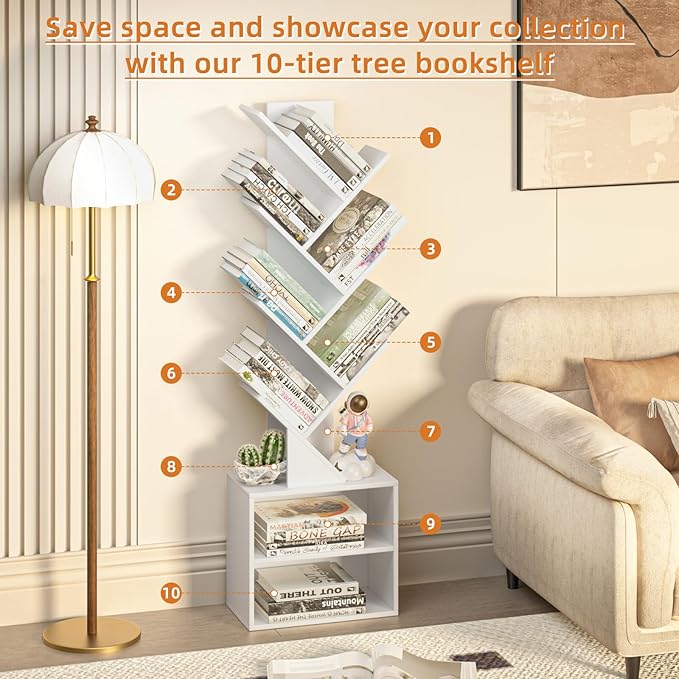 10 Tier Tree Bookshelf, Floor Standing Wood Tall Bookcase - Image 6