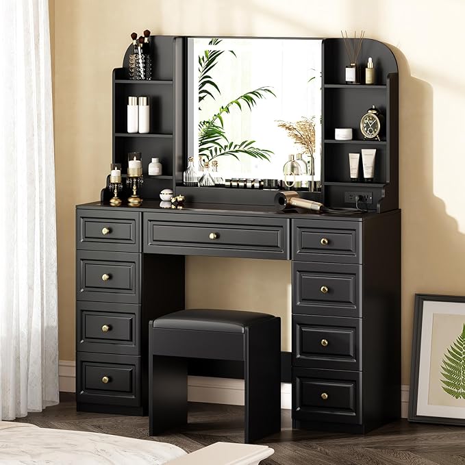 43" Makeup Vanity Desk with Mirror and Lights, & Power Outl, Glass Top Big - Image 8