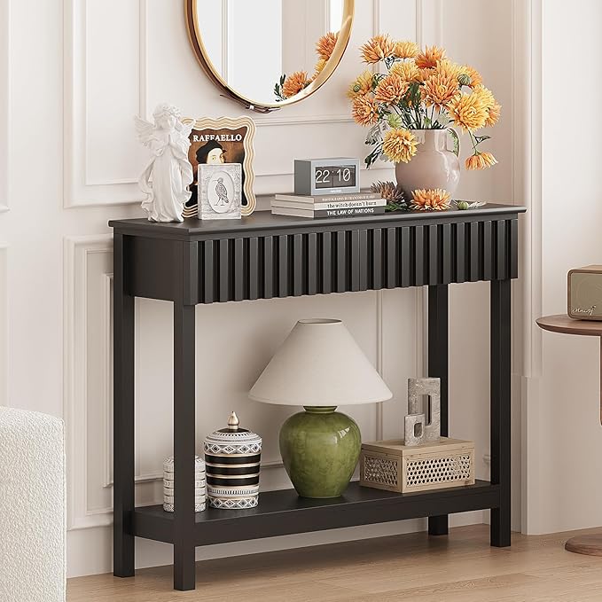 Fluted Console Table with 2 Drawers Narrow Sofa Table with Open Storage Shelf - Image 3