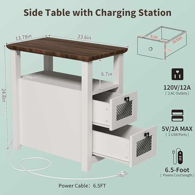 Farmhouse XXL End Table with Charging Station, Narrow Side Table with USB Ports - Image 2