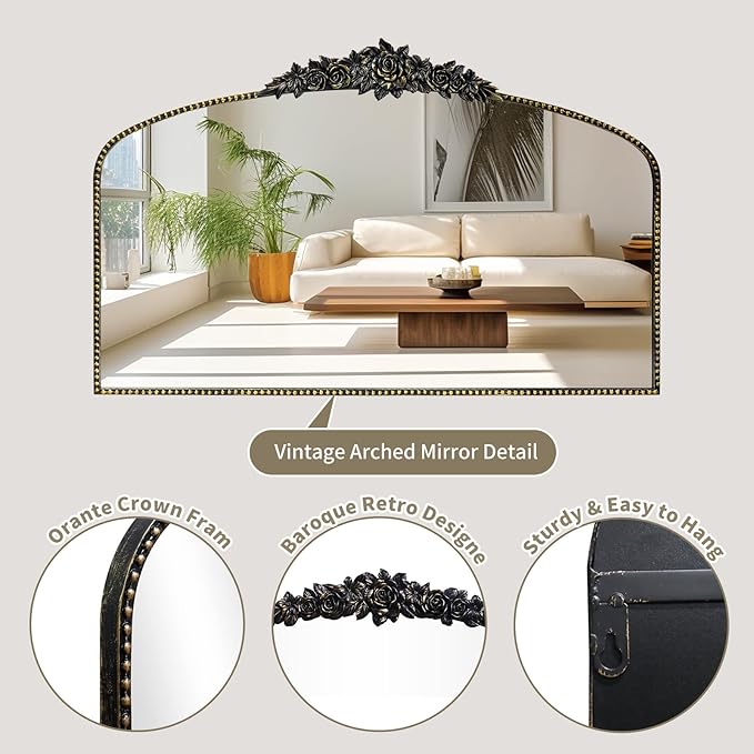 Antique Arched Black Mirror 48"x30", Traditional Victorian Vintage Mantel - Image 4