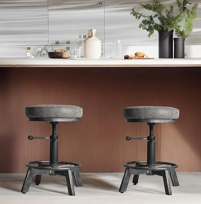 Vintage Short Bar Stools Swivel PU Seat 15-21inch Height Adjustable Extra Guest by BOKKOLIK