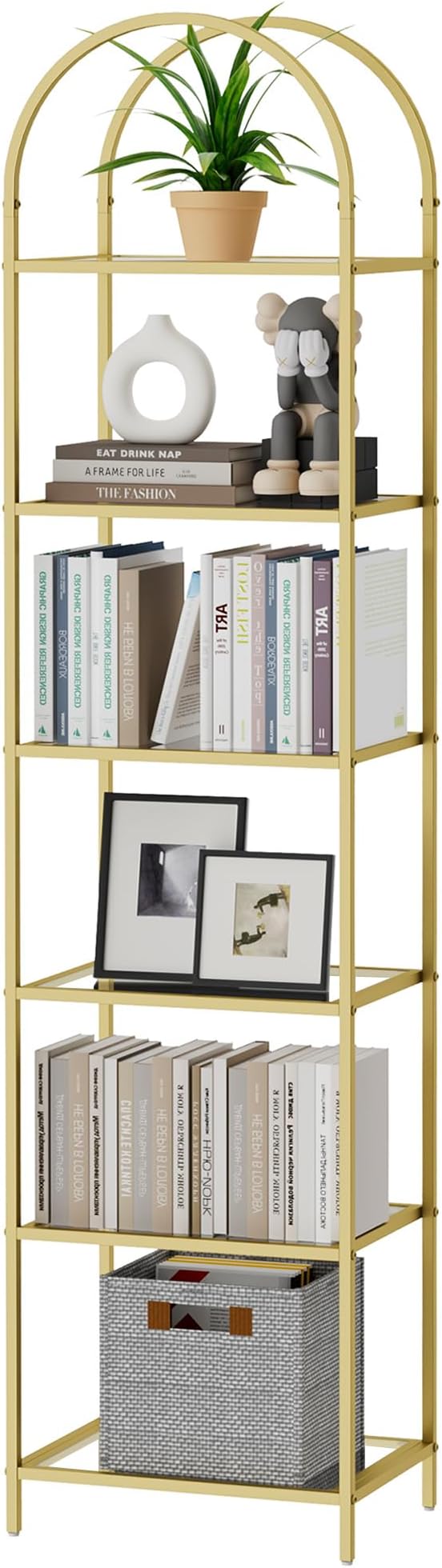 Homhedy Bookshelf Arched Display Racks, Metal Bookcase, Tempered Glass Shelves - Image 9