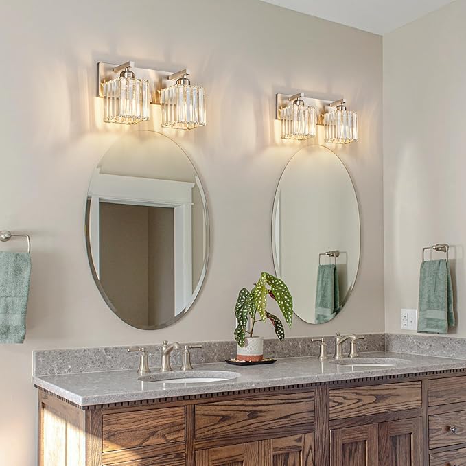 Modern Vanity Light 2-Lights Brushed Nickel Vanity Light Crystal Bathroom Wall - Image 3