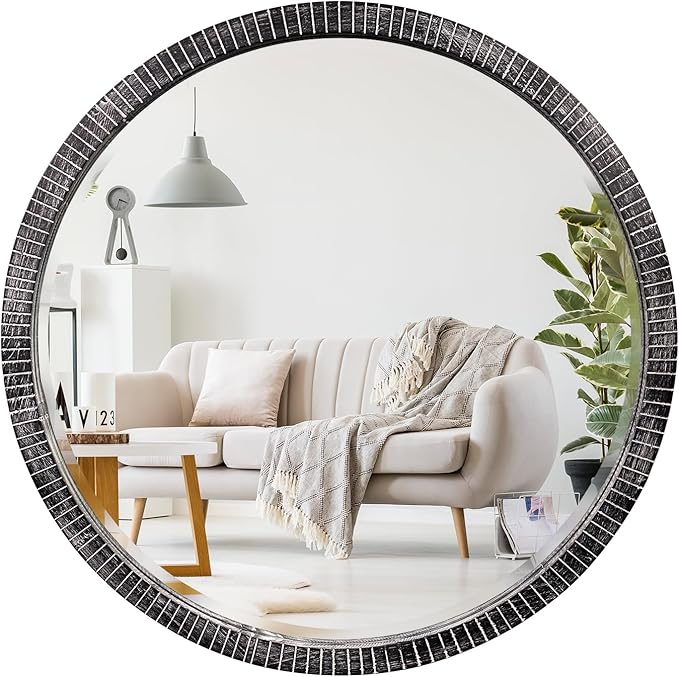 35" Round Wood Mirror, Rustic Circle Wall Mirror by GIFTTROVE