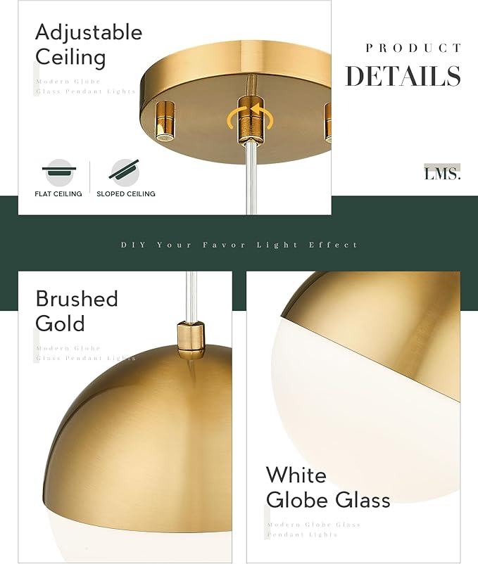 LMS Mid Century Pendant Lights, Brushed Gold Kitchen Island Light Fixtures - Image 4