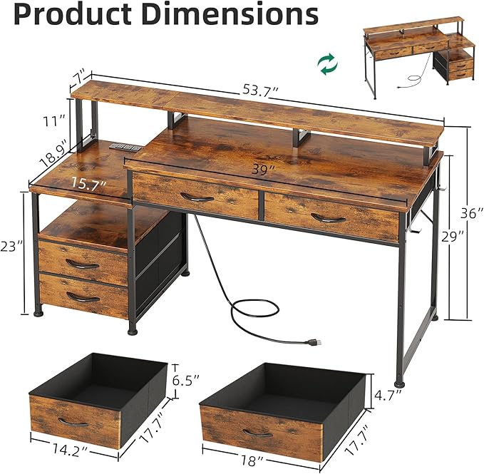 53" Computer Desk with 4 Drawers & Power Outlets, Reversible Home Office Desk - Image 3