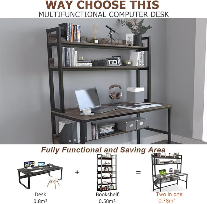 Aquzee Desk with Hutch Bookshelves, Computer Desk with 3 Tiers Storage Shelves - Image 5