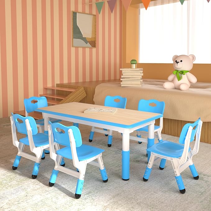 Kids Table and 6 Chairs Set，Height Adjustable Children Table & Chair，Toddlers - Image 6
