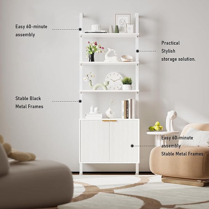 74" Tall Bookshelf with Storage Cabinet, Modern Ladder Shelf with Wood and - Image 6