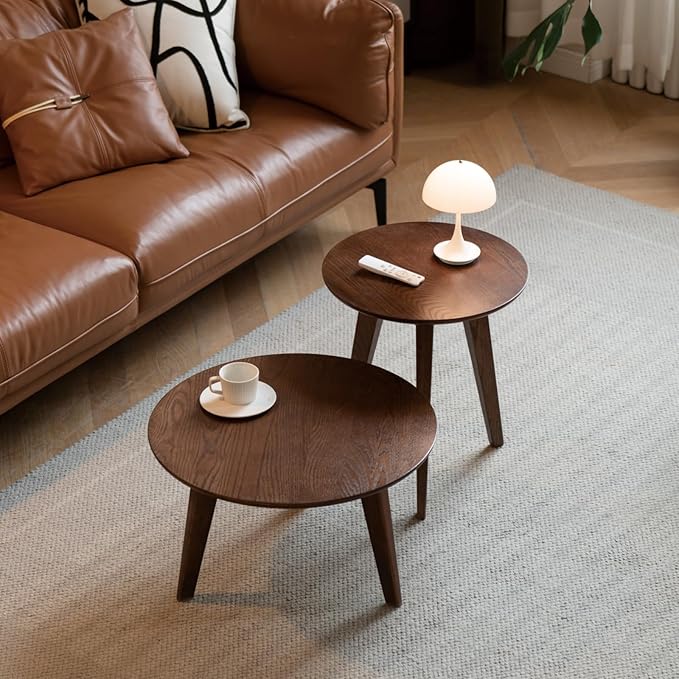 100% Solid Oak Wood Coffee Table Set, Round Coffee Table Combo Side Table - Image 5