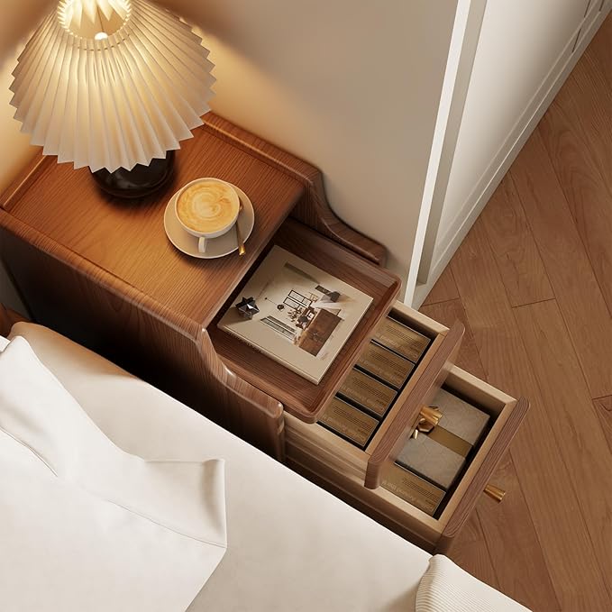 Small Nightstand with Drawers, Solid Wood Bedside Table, Narrow Walnut - Image 3