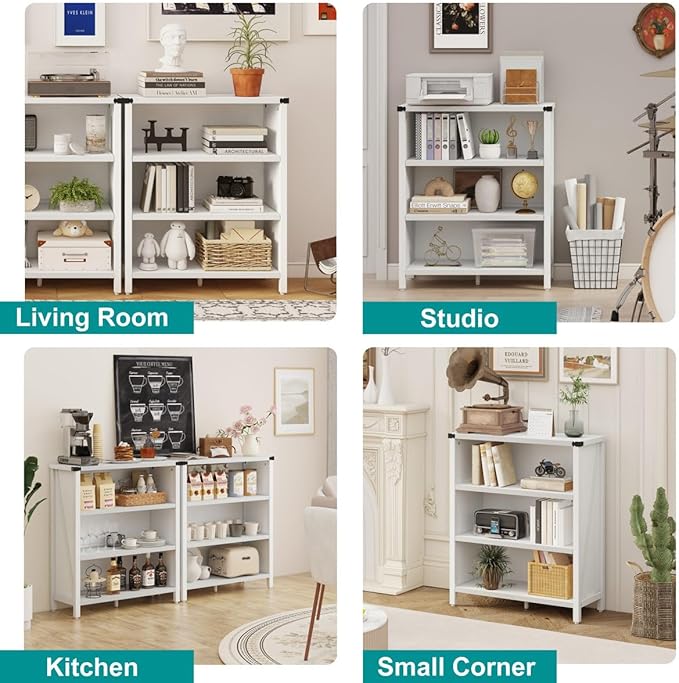 BON AUGURE White Bookcase, 3 Shelf Bookshelf, Farmhouse Wooden Book - Image 6