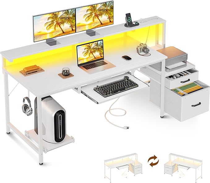 AODK Computer Desk with Drawers and Keyboard Tray, Reversible Study Work Desk by AODK