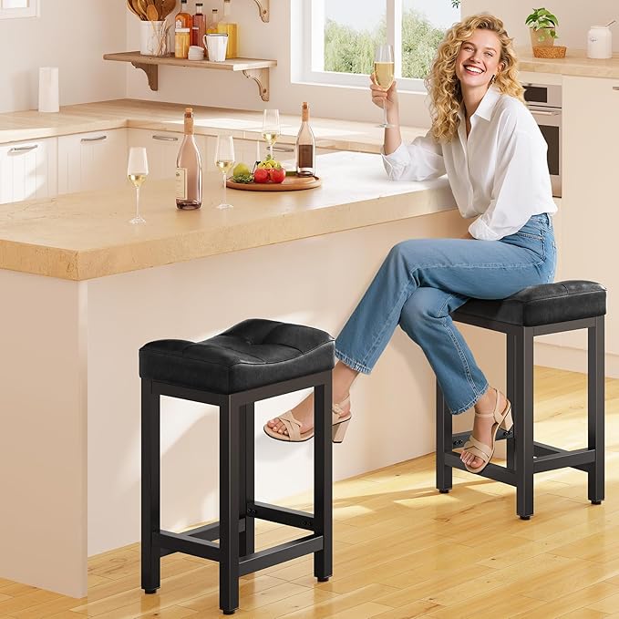 Dripex Backless Saddle Bar Stools Set of 3, Modern Faux Leather 24'' Counter - Image 2