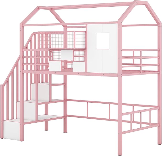 Twin Size Metal Loft Bed with roof Design and a Storage Box, House Shaped - Image 7