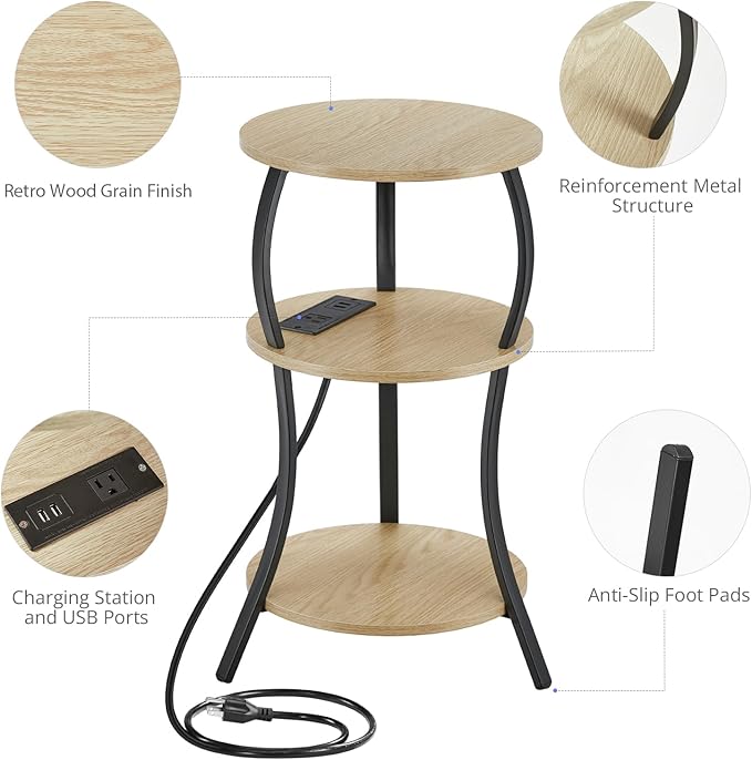 Small Round Side Table with Charging Station, 3-Tier Waist Circular End Table - Image 4