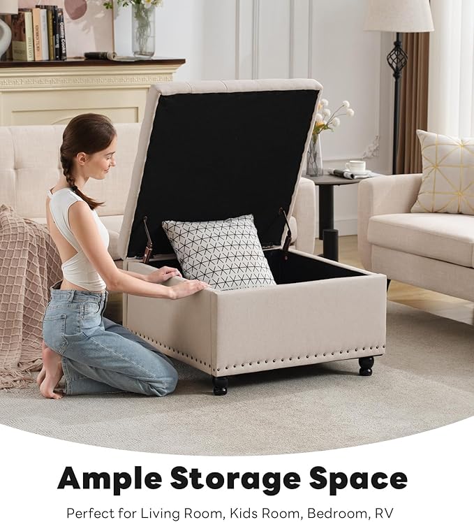 Tbfit Large Square Storage Ottoman Bench, Botton Tufted Upholstered Coffee Table - Image 3