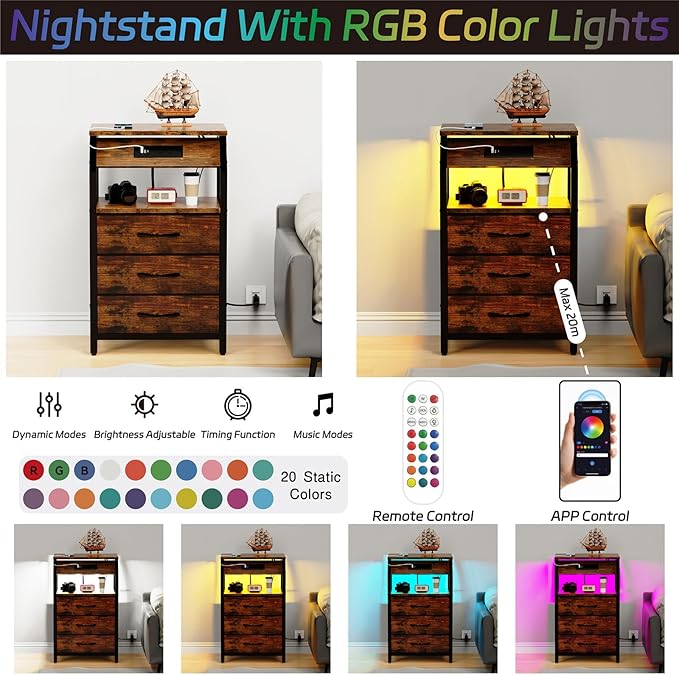 End Table with Charging Station, Nightstand with LED Lights and 3 Drawers - Image 7