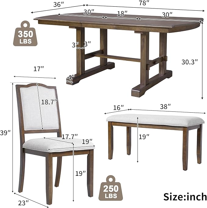 Ball & Cast Dining Table Set for 6, 6-Piece Kitchen Table Set W/ 4 Upholstered - Image 3