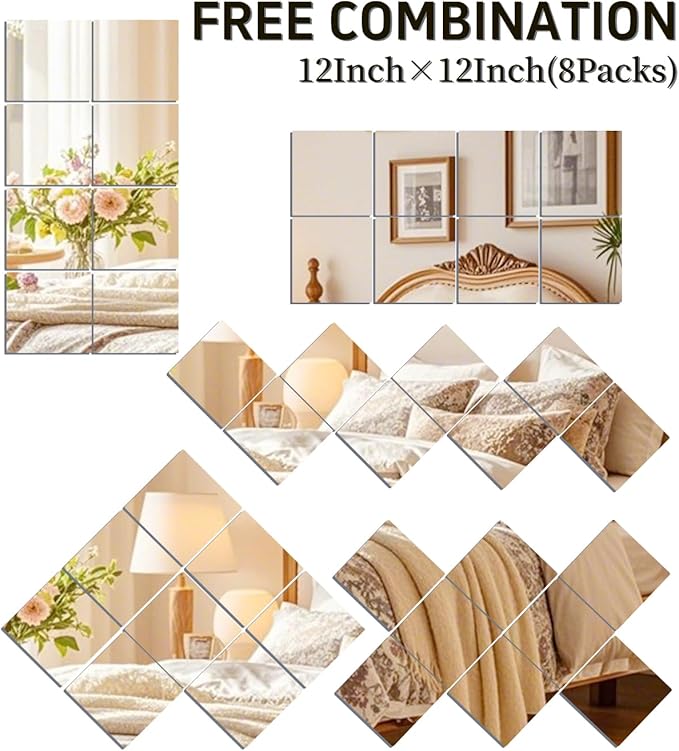 Glass Mirror Tiles for Wall 12" x 12" Frameless Full Length Mirror Wall Mounted - Image 5