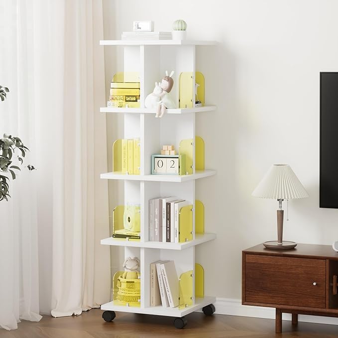 VECELO 4-Tier Rotating Bookshelf on Wheels, Revolving Bookcase Tower, Mobile - Image 5