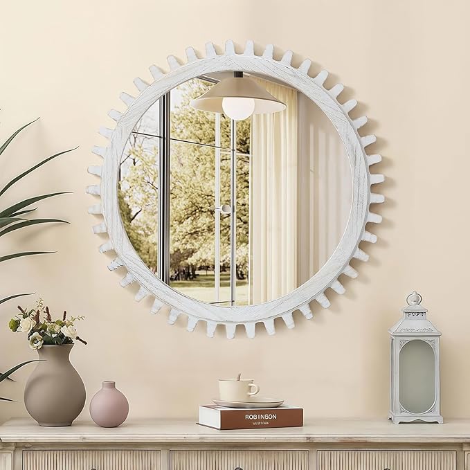 ULIKE Round Wood Mirror, 30 Inch Rustic Farmhouse Circle Mirror - Image 4