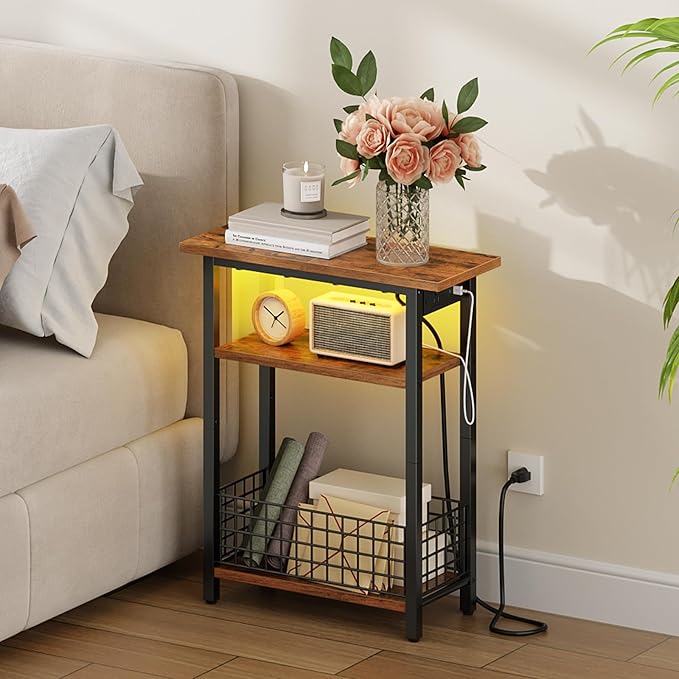 HOOBRO Narrow Side Table with Charging Station and LED Light, Small End Table - Image 2