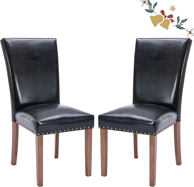 Parsons Dining Chairs Set of 2, Upholstered Nailhead PU Leather Dining Room by COLAMYINC