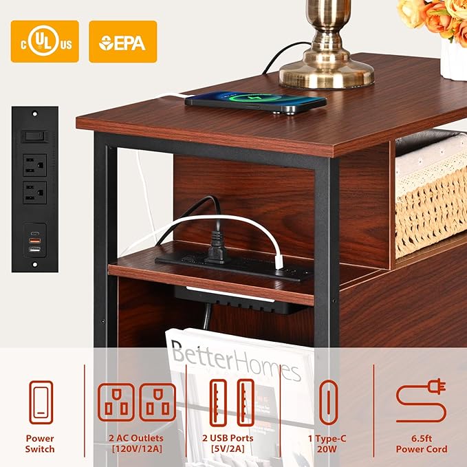 Narrow Side Tables with Charging Station, Narrow End Table with Wooden Drawers - Image 4