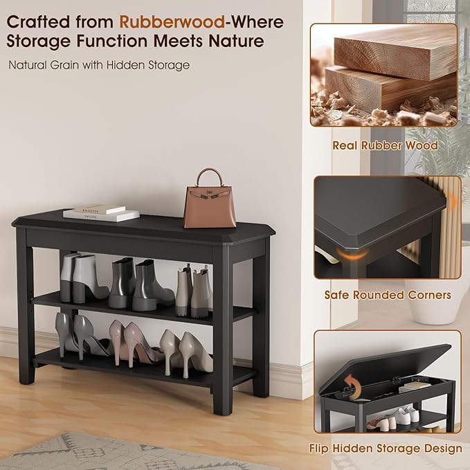 Shoe Rack Bench Seat Rubberwood 2-Tier Wooden Storage Bench 560lbs Compact - Image 6