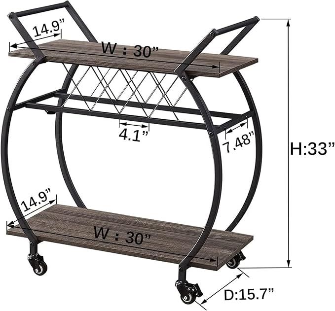 LVB Bar Cart with Wine Rack, 2 Tier Kitchen Cart on Wheels, Industrial Wood and - Image 8