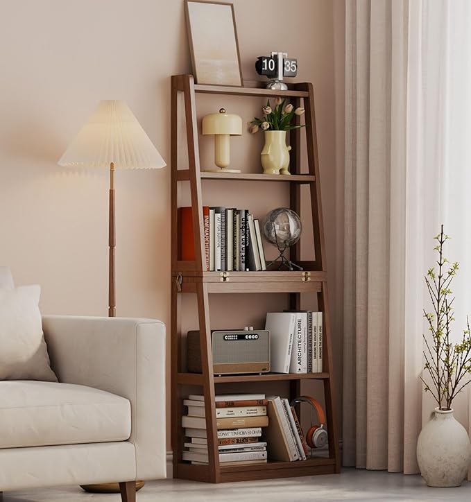 Soild Wood Ladder Book Case Organizer, Modern Display Bookshelf Wood Frame by VisittheKungFuWood