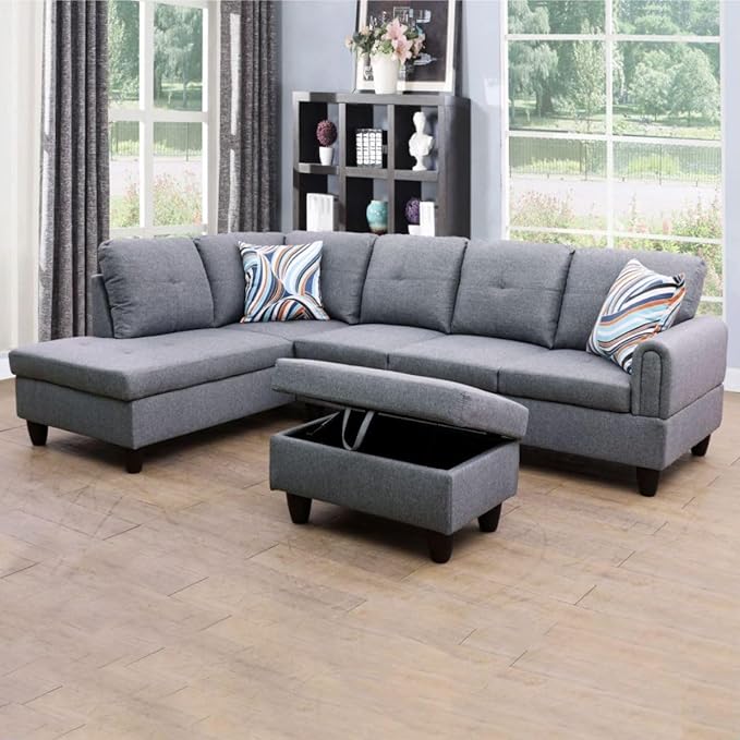 Grey-1 L-Shaped 3-Piece Linen Sofa by Unknown