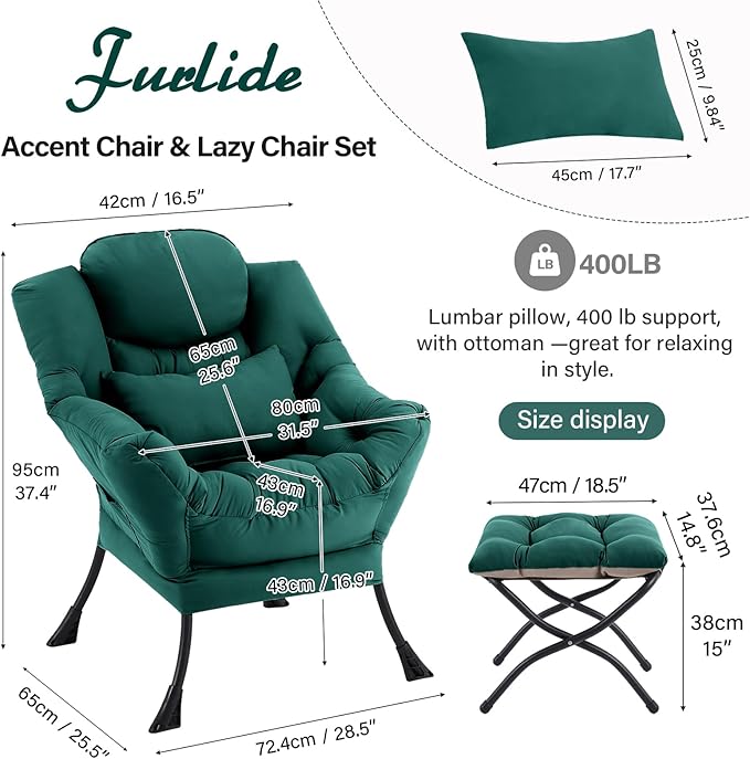 Lazy Chair with Ottoman, Comfy Fabric Accent Lounge Arm Chair with Lumbar - Image 2