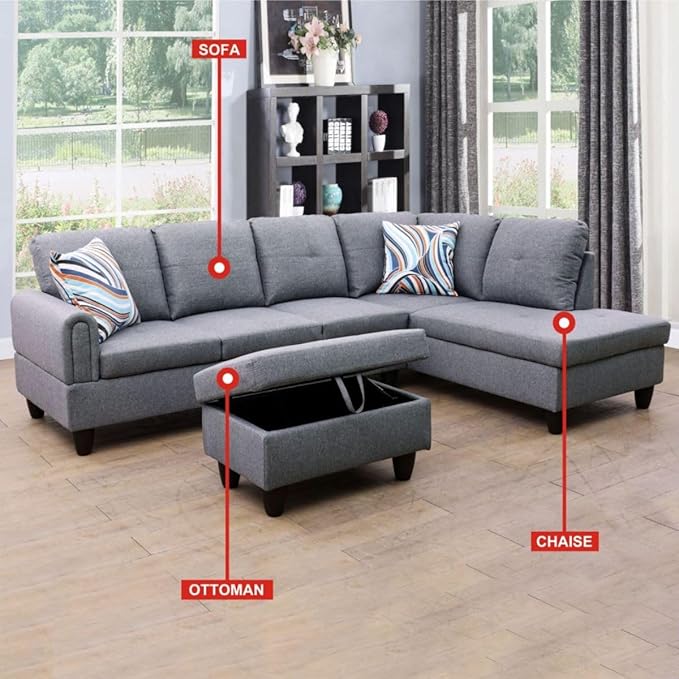 Grey-1 L-Shaped 3-Piece Linen Sofa - Image 3