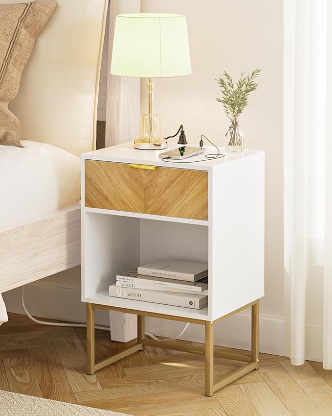 Nightstand with Charging Station, Boho Night Stand Wood Farmhouse Bedside Table - Image 4
